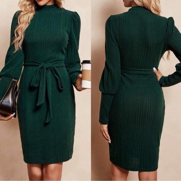 Classic Green Ribbed High Neck Belted Long sleeve Dress - Picture 2 of 2